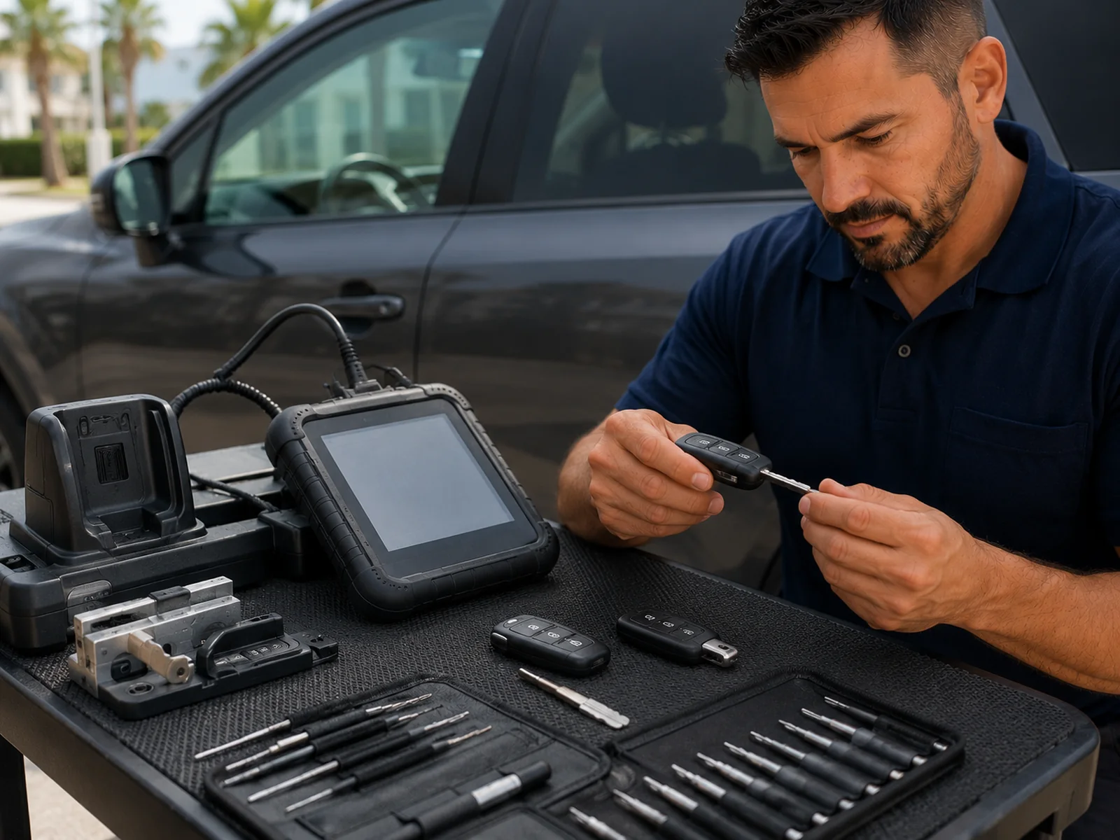 Automotive locksmith with key programming equipment and smart keys