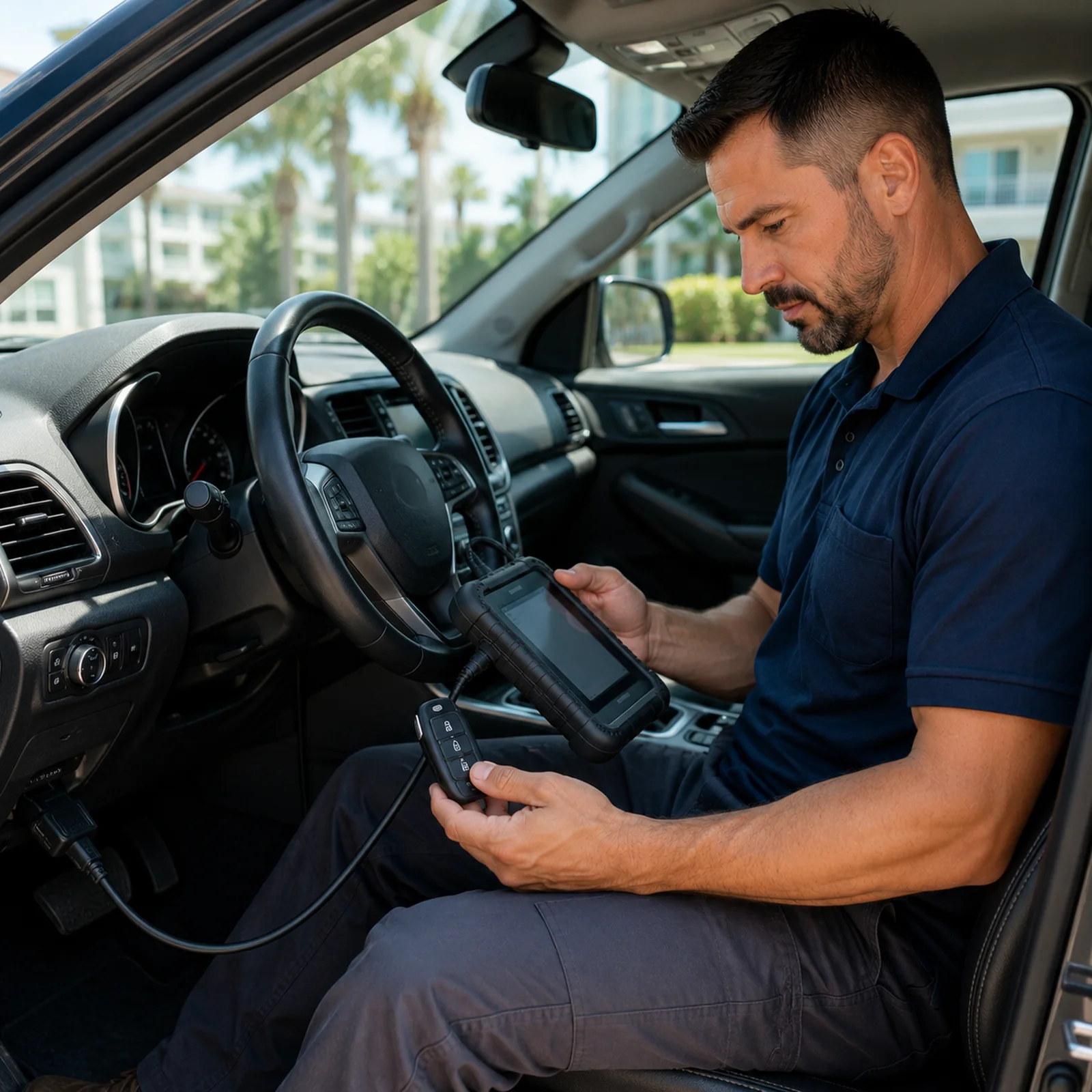 Automotive locksmith programming a smart key beside a vehicle